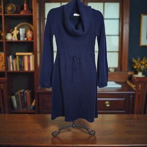 Calvin Klein Navy Knit Sweater Dress M | Cowl Neck Belted Cozy Fall Style